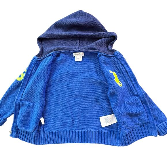 Ralph Lauren Big Pony Full-Zip Knit Hooded‎ Sweater Baby 24M Preppy Blue Yellow - Picture 4 of 8